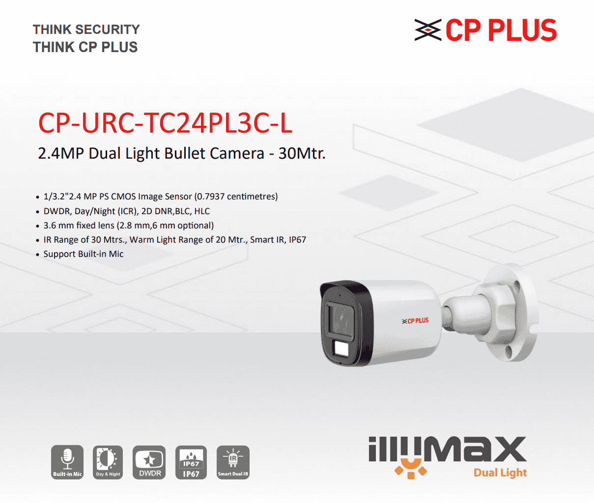 CP Plus 2.4MP Dual Light Bullet Camera (CP-URC-TC24PL3C-L) CP Plus 2.4MP Dual Light Bullent Camera (CP-URC-TC24PL3C-L)